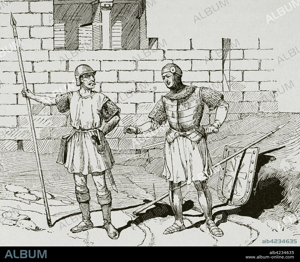 Iberian Peninsula. Castilian Soldiers. Medieval period. Engraving after a devotional book of the 14th century. Museo Militar, 1883.