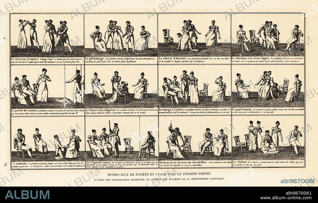 Various party games popular during the Napoleonic Era. Kissing games including the Convent Porter, Bridge of Love, Sultan, Base of the Candlestick. Divers jeux de societe un usage sous le Premier Empire. Lithograph from Henry Rene dAllemagnes Recreations et Passe-Temps, Games and Pastimes, Hachette, Paris, 1906.