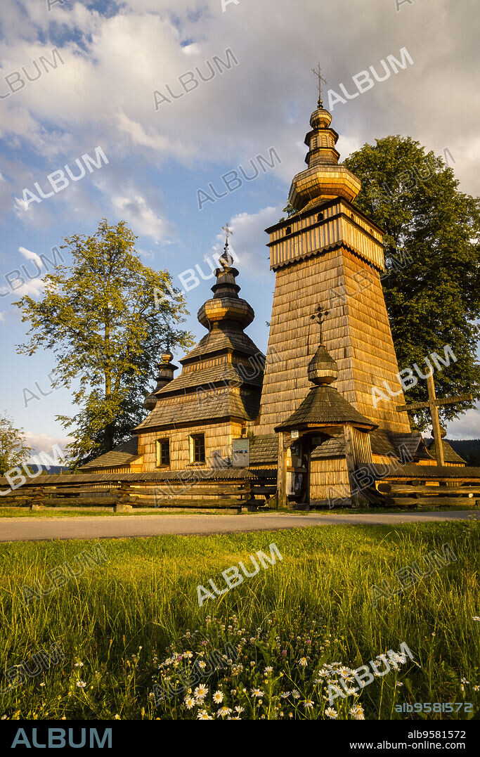 Orthodox church of St. Paraskewa, Kwiaton. Heritage of the humanitybuilt entirely with wood, Lesser Poland, Carpathians, Poland, Europe.