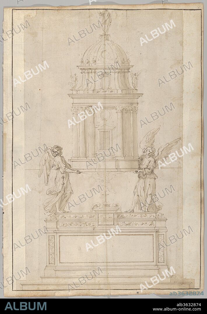 Design for the Tabernacle of the Sistine Chapel in the Santa Maria Maggiore in Rome. Dimensions: Sheet: 15 1/2 × 9 15/16 in. (39.4 × 25.2 cm)
Mount: 16 1/8 in. × 11 3/16 in. (41 × 28.4 cm). Former Attribution: Bastiano Torrigiani (Italian, Bologna ?-1596 Rome). Date: ca. 1585-90.