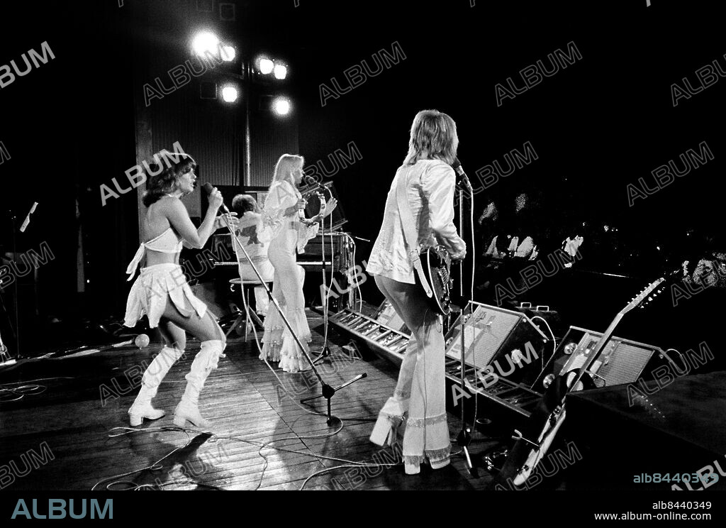 Swedish pop group Abba with from left Anni-Frid Lyngstad, Agnetha Faltskog and Bjorn Ulvaeus performs on stage during a concert at Gamleby Folkpark in Vastervik, Sweden, July 9, 1975, during Abba Folkpark Tour 1975.. Photo: Christer Kindahl / Kamerabild / TT News Agency / Code 3019.