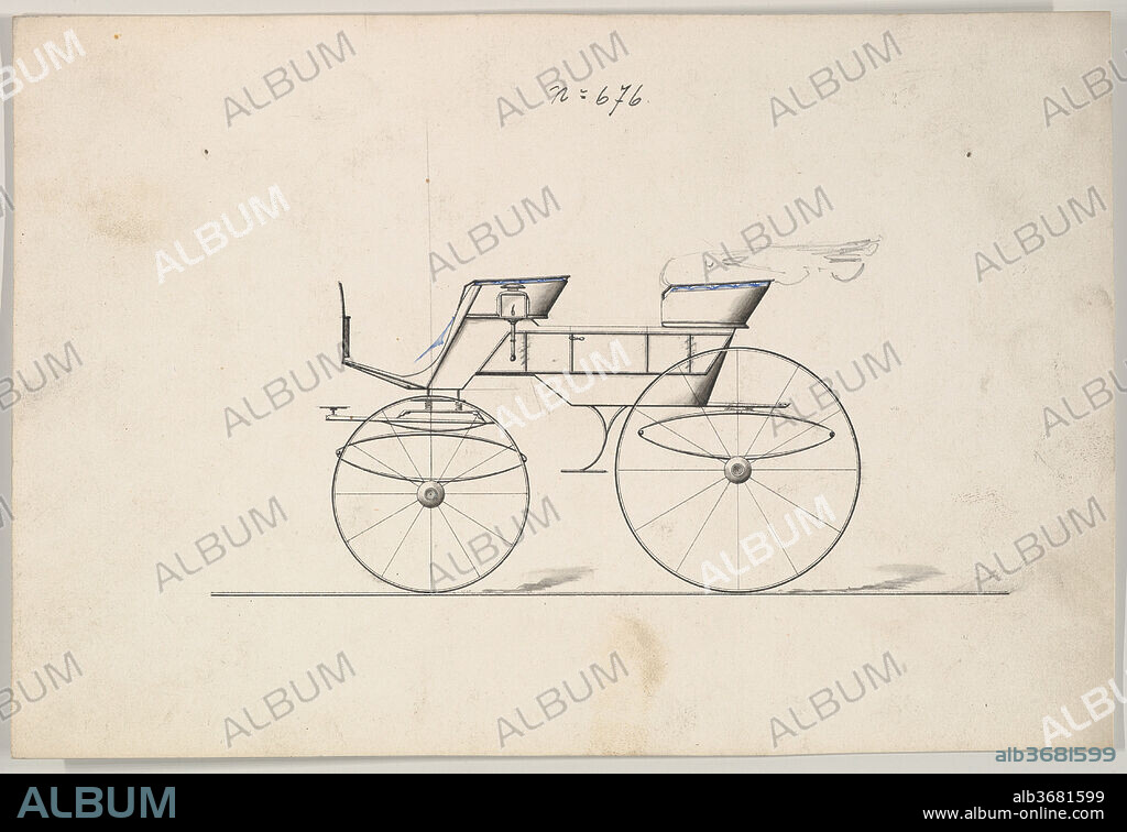 Design for Phaeton, no. 676. Dimensions: sheet: 6 1/8 x 9 1/4 in. (15.6 x 23.5 cm). Manufacturer: Brewster & Co. (American, New York). Date: 1850-74.
Brewster & Company History
Established in 1810 by James Brewster (1788-1866) in New Haven, Connecticut, Brewster & Company, specialized in the manufacture of fine carriages. The founder opened a New York showroom in 1827 at 53-54 Broad Street, and the company flourished under generations of family leadership. Expansion necessitated moves around lower Manhattan, with name changes reflecting shifts of management-James Brewster & Sons operated at 25 Canal Street, James Brewster Sons at 396 Broadway, and Brewster of Broome Street was based at 372 & 374 Broome Street with a repository (showroom) on 14th Street & Fifth Avenue. By 1874, Brewster & Company had 400 employees and combined warehouse and factory facilities at 47th & 48th Streets and Broadway. Brewster successfully branched out to produce their own automobiles, as well as supplying bodies for Rolls Royce at their Long Island City location. Notable clientele included Alfred Gwynne Vanderbilt, August Belmont, J.P. Morgan, John Jacob Astor, Andrew J. Cassatt (brother of artist Mary Cassatt), William Rockefeller, Henry Clay Frick and Pierre Lorillard. 
Talented draftsmen employed by the firm included Paul Steinbeck, Herman Stahmer and John Gribbon, the latter teaching at the Carriage Builders and Designers Technical School, which opened in 1880 and was housed initially at the Metropolitan Museum of Art. When the company finally dissolved in 1923, its last owner William Brewster (1866-1949) donated its archive of design and presentation drawings to the Museum where he served as benefactor and trustee.
Of all American carriage manufacturers, none was as highly regarded for design, finish and quality as Brewster & Company. They won many awards for outstanding workmanship, including the Legion d'Honneur (Legion of Honor) at the 1878 Paris Exposition (3rd World's Fair). In appreciation for this achievement the Carriage Builders' National Association presented them with a gold enameled Tiffany & Company plaque and autograph book signed by leading American carriage builders, both now at the Metropolitan Museum of Art.
Merri Ferrell, 2016.