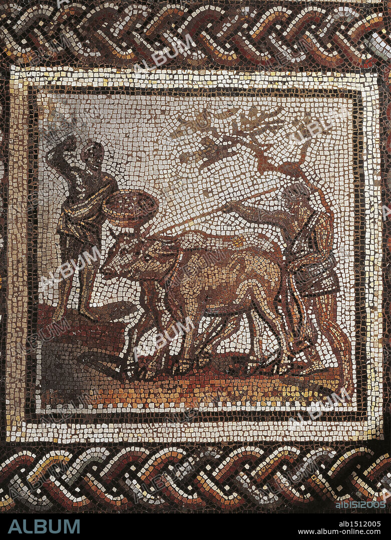 Roman civilization, 3rd century A.D. Mosaic of a rustic calander divided into 32 squares. Depicting ploughing. From Saint-Romain-en-Gal (France).