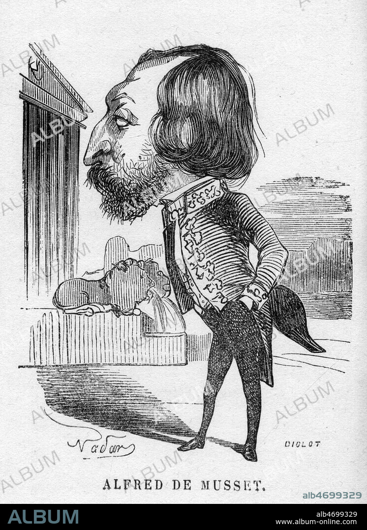 Portrait-charge de Alfred de MUSSET (1810-1857). Caricature de NADAR (1820-1910) pour Binettes contemporaines par Joseph CITROUILLARD revues par COMMERSON. Credit : Collection KHARBINE-TAPABOR.
