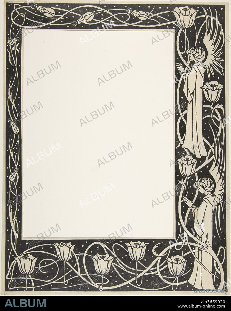 Praying Angels and Poppies (Border Design for Thomas Malory, "Le Morte d'Arthur," J. M. Dent 1893-94, Part III, book vii, chapter i, p. 219). Artist: Aubrey Vincent Beardsley (British, Brighton, Sussex 1872-1898 Menton). Dimensions: Sheet: 11 1/8 x 8 3/4 in. (28.3 x 22.2 cm). Date: by May 30, 1893.
Beardsley made hundreds of detailed ink drawings to illustrate J. M. Dent's 1893-94 edition of Le Morte d'Arthur, and this border design was used to frame a tale of King Arthur's piety in book seven, chapter one, titled "How Beaumains Came to King Arthur's Court and Demanded Three Petitions of King Arthur." The theme is underscored by angels whose repeated forms depend on a medievalist aesthetic, but the irregular shape of the lilies--shown open and closed with curvilinear stems--anticipates Art Nouveau.