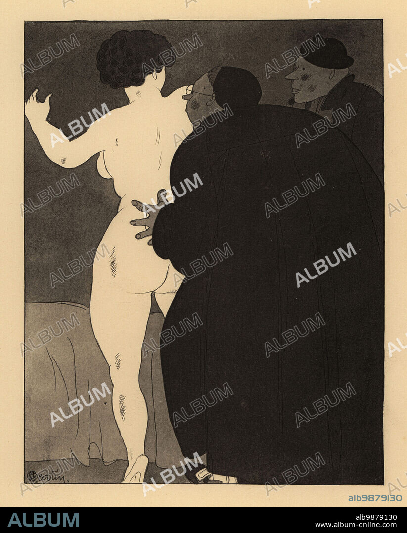 A pastor tricking his dumb neighbors wife to strip naked. Pastor John with  Peter and his wife Magdalene. Neighbor Peters mare. Le jument du compere  Pierre. Lithograph afte - Album alb9879130