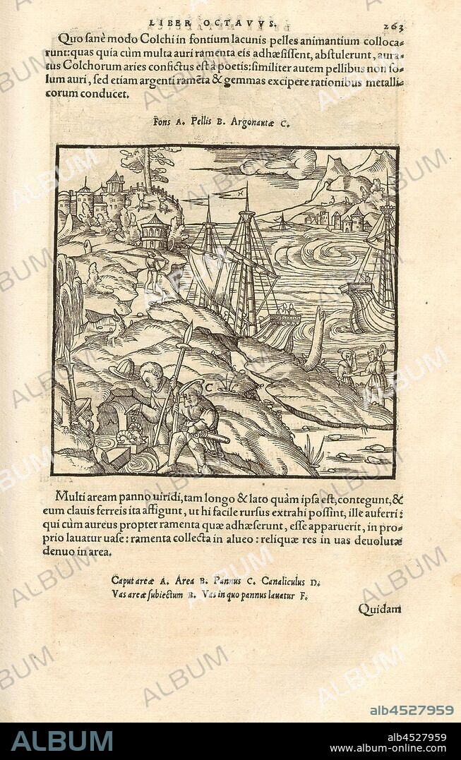 Collecting gold with animal skins on a water source, Skins are placed in ponds of springs to collect gold particles that are in water, woodcut, p. 263, (Liber octavus), Manuel, Hans Rudolf (graveur sur bois), 1556, Georgius Agricola: De re metallica libri XII: quibus officia, instrumenta, machinae, ac omnia denique ad metallicam spectantia, non modo luculentissime describuntur, sed & per effigies (...). Basileae: [Froben], 1556.