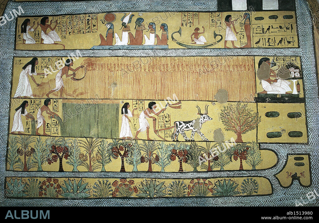 Egypt - Ancient Thebes (UNESCO World Heritage List, 1979). Village of state labourers at Dayr al-Madinah (Deir el-Medina). Tomb of Sennedjem, New Kingdom, Dynasty XIX. Fresco depicting agricultural scenes in the Fields of Ialu.