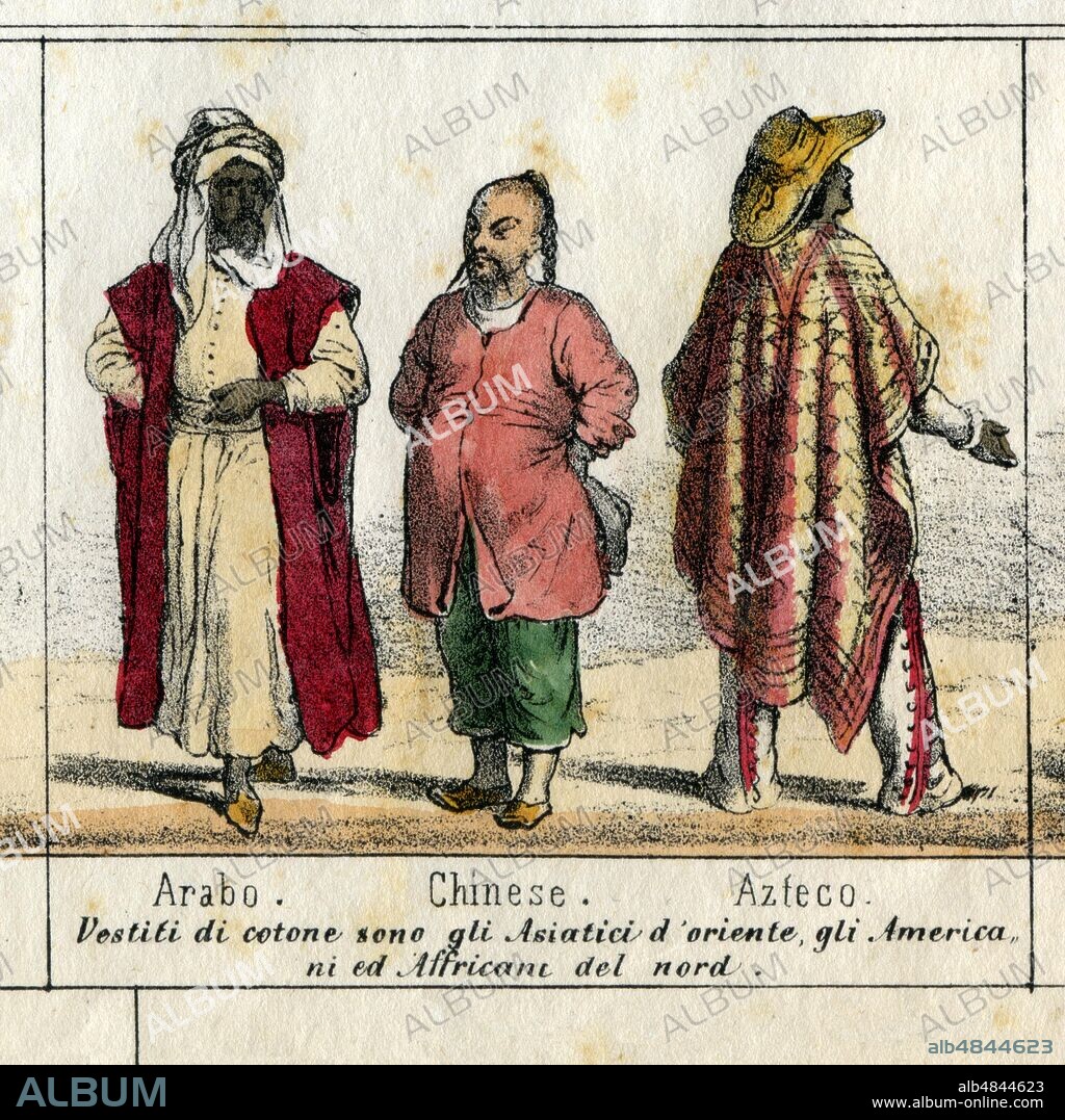 HUMAN RACES 'Arab, Chinese, Aztec, cotton clothes are the Asians of the East, Americans and North Africans'. Original caption drawn up according to the nineteenth-century concept of 'race', which although it remains in the common language is considered scientifically overcome in the late following century, and better defined by the term considered even more politically correct than 'ethnicity' or 'phenotype', depending on the context. Detail from table V, 'Overview of all the races of the globe and their style of dressing', from 'La Geografia at a glance', Lithograph Corbetta, Milan, 1853.