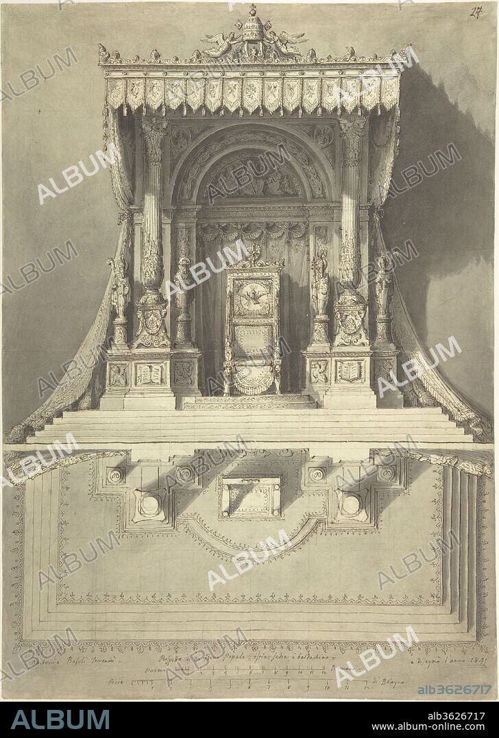 Elevation and Ground Plan for a Papal Throne. Artist: Antonio Basoli (Italian, Castel Guelfo di Bologna 1774-1843 Bologna). Dimensions: 16-3/8 x 11-5/8 in.  (41.6 x 29.5 cm). Date: 1841.