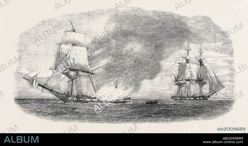 BURNING OF THE SHIP "THE THOMAS THOMPSON," ON HER VOYAGE FROM BOMBAY TO LIVERPOOL, THE CREW RESCUED BY THE "BARRACKPORE".