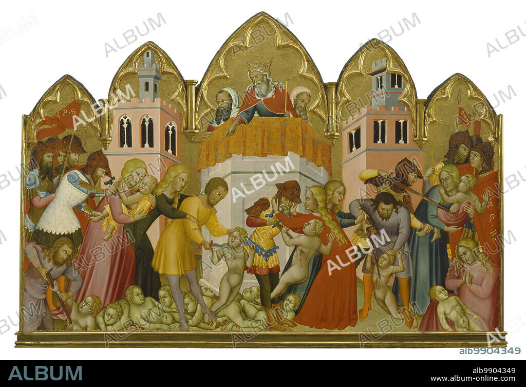 BARTOLO DI FREDI. Massacre of the Innocents, c1380. In an attempt to thwart the prophecy about Christ's rise to power, King Herod orders his soldiers to kill all the male infants under the age of two living in Bethlehem. They do this with ruthless efficiency. Bartolo's color scheme uses naturalistic details to enhance the drama of the scene. Note the contrast between the rosy coloring of the infants who are still alive and the green pallor of those already dead. This painting, which is beautifully preserved, was part of a monumental altarpiece commissioned for the Church of San Agostino in San Gimignano and was placed atop a large painting of the Presentation in the Temple now in the Museé du Louvre, Paris. The Massacre of the Innocents might have been executed by both Bartolo and Andrea (active 1389-1428), working collaboratively as a father and son team.