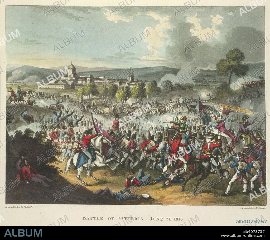 WILLIAM HEATH, J. C STADLER and DOCTOR SYNTAX. Battle of Vittoria. The Wars of Wellington, a narrative poem. ...With. London, 1819. The Battle of Vittoria was fought on June 21, 1813 during the Peninsular War, between British, Portuguese and Spanish troops, under the command of the Marquis of Wellington, and the French forces under King Joseph Bonaparte and Marshal Jourdan.  Image taken from The Wars of Wellington, a narrative poem. ...With engravings coloured  Originally published/produced in London, 1819. . Source: 838.m.7, opposite 132. Language: English.