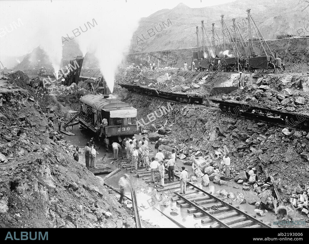 Steam Shovel Trains Excavate the Channel of the Panama Canal.