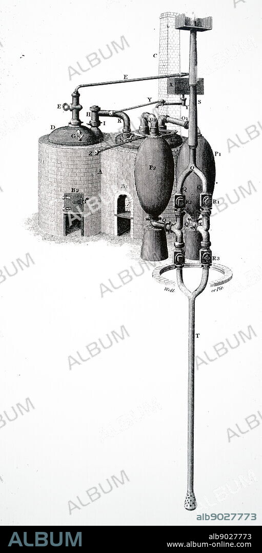 Diagram depicting Thomas Savery's steam pump of 1702, also known as "The Miner's Friend". Thomas Savery (1650-1715) an English inventor and engineer. Dated 19th century.