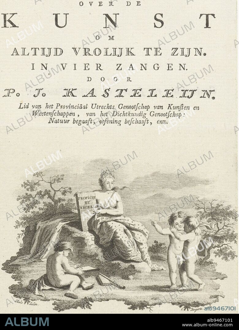 A half-naked allegorical female figure holds a stone with the inscription:  Proficiat et recreat. Three naked boys playing in the grass, Title page  for: P.J. Kasteleijn, Pr - Album alb9467101