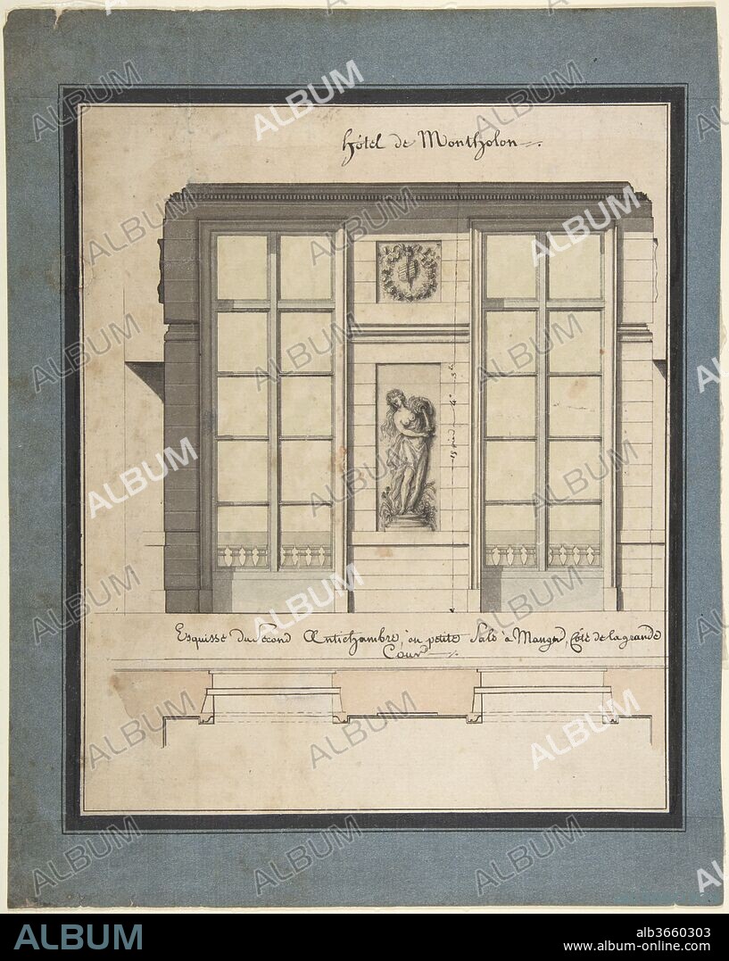 Section and Plan of the Small Dining Room of the Hôtel de Montholon. Artist: Jean Jacques Lequeu (French, Rouen 1757-1825 Paris). Dimensions: 9 5/16 x 7 5/8 in.  (23.7 x 19.4 cm). Date: 1785-86.
Wall Elevation and plan for an antechamber in the Hôtel de Montholon. The building was commissioned to François Soufflot le Romain and executed by Jean Jacques Lequeu for the wealthy magistrate and later president of the Parlement of Normandy, Nicolas de Montholon. The hôtel is situated on 23, boulevard Poissonnière, Paris (previously the Boulevard Montmartre).