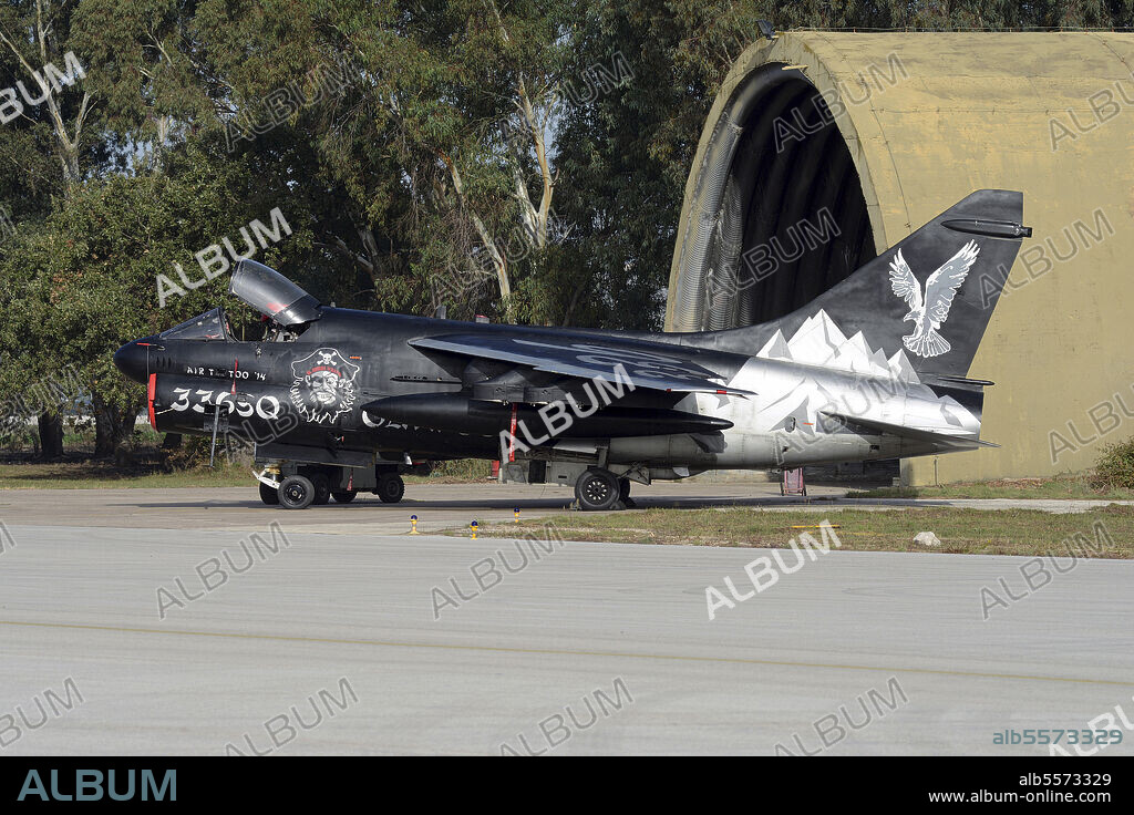 336 Mira flagship A-7E Corsair on the ramp at Araxos Air Base, Greece, before its final retirement at the end of October 2014.