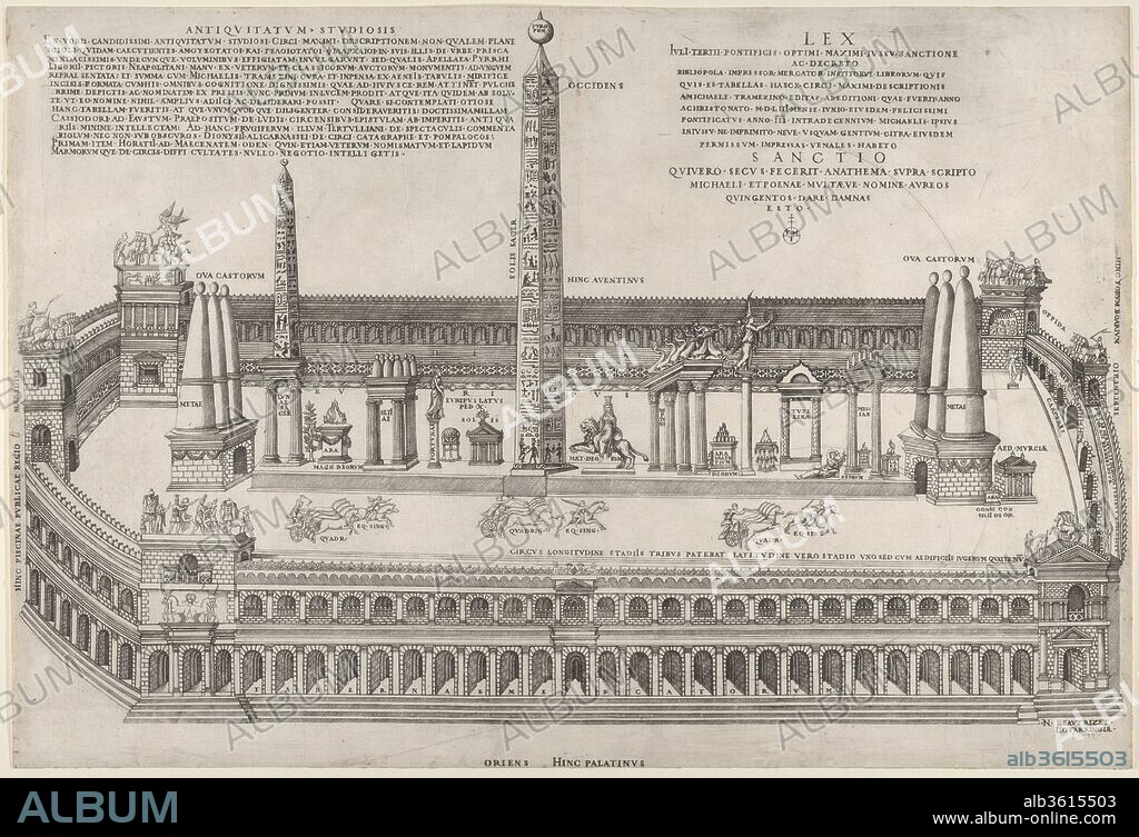 NICOLAS BéATRIZET and AFTER PIRRO LIGORIO. Speculum Romanae Magnificentiae: Circus Maximus. Artist: Nicolas Beatrizet (French, Lunéville 1515-ca. 1566 Rome (?)); After Pirro Ligorio (Italian, Naples ca. 1512/13-1583 Ferrara). Dimensions: sheet: 14 15/16 x 21 7/8 in. (38 x 55.5 cm). Publisher: Michele Tramezzino (Italian, active Venice and Rome, 1526-died 1561). Series/Portfolio: Speculum Romanae Magnificentiae. Date: 1553.
This print comes from the museum's copy of the Speculum Romanae Magnificentiae (The Mirror of Roman Magnificence) The Speculum found its origin in the publishing endeavors of Antonio Salamanca and Antonio Lafreri. During their Roman publishing careers, the two foreign publishers - who worked together between 1553 and 1563 - initiated the production of prints recording art works, architecture and city views related to Antique and Modern Rome. The prints could be bought individually by tourists and collectors, but were also purchased in larger groups which were often bound together in an album. In 1573, Lafreri commissioned a title page for this purpose, which is where the title 'Speculum Romanae Magnificentiae' first appears. Lafreri envisioned an ideal arrangement of the prints in 7 different categories, but during his lifetime, never appears to have offered one standard, bound set of prints. Instead, clients composed their own selection from the corpus to be bound, or collected a group of prints over time. When Lafreri died, two-third of the existing copper plates went to the Duchetti family (Claudio and Stefano), while another third was distributed among several publishers. The Duchetti appear to have standardized production, offering a more or less uniform version of the Speculum to their clients. The popularity of the prints also inspired other publishers in Rome to make copies however, and to add new prints to the corpus. 
The museum's copy of the Speculum entered the collection as a group of 3 albums with inlaid engravings and etchings. The prints have since been removed, but the original place of each print within the album is contained in the accession number: 41.72(volume.place).
Originally volume 1, plate 67 in the scrapbook.