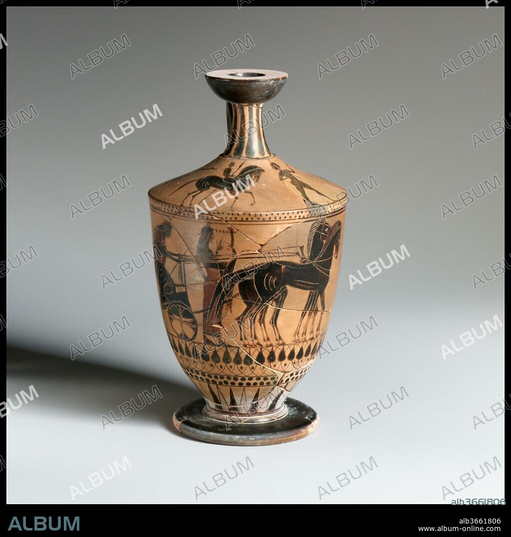 Terracotta lekythos (oil flask). Culture: Greek, Attic. Dimensions: H. 6 1/8 in. (15.5 cm)
diameter  3 3/8 in. (8.6 cm). Date: ca. 520 B.C..
On the body, goddess mounting chariot
On the shoulder, horseman and athletes approaching seated man
The grayish color of the clay indicates that the vase was in a fire, possibly a funeral pyre. The palmette ornament under the handle is adopted from neck-amphorae.