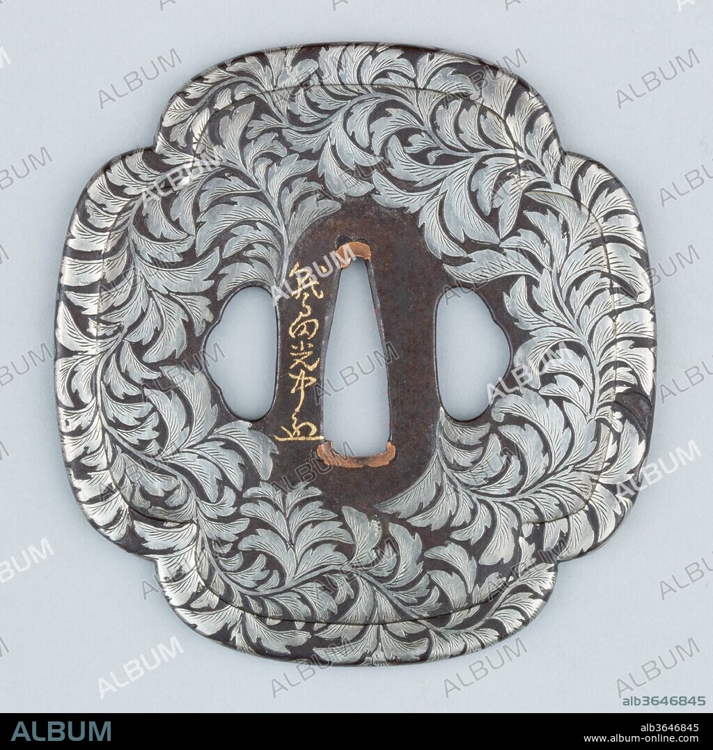 Sword Guard (Tsuba). Culture: Japanese. Dimensions: L. 3 1/4 in. (8.3 cm); W. 3 1/4 in. (8.3 cm); thickness 3/16 in. (0.5 cm); Wt. 4.8 oz. (136.1 g). Maker: Inscribed by Washida Mitsunaka (Japanese, born 1829). Date: 19th century.
This sword guard (tsuba) features a design of scrolling leaves.