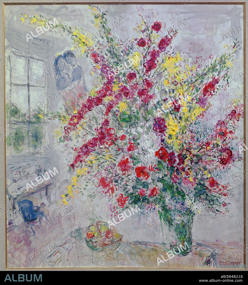 超安いMarc Chagall、FLERS BLANCHES、希少画集画、新品高級額、額装付、状態良好、油彩 風景、送料込み、fan 静物画