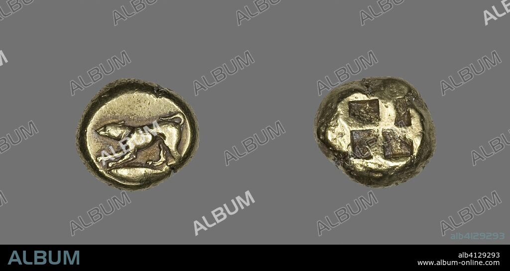 ANCIENT GREEK. Stater (Coin) Depicting a Crouching Dog. Greek. Date: 500 BC-401 BC. Dimensions: Diam. 1.9 cm; 16.05 g. Electrum. Origin: Mysia.