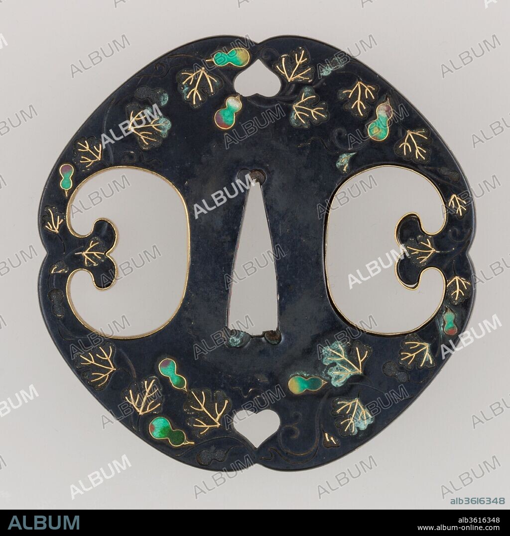 Sword Guard (Tsuba). Culture: Japanese. Dimensions: H. 2 7/8 in. (7.3 cm); W. 2 15/16 in. (7.5 cm); thickness 1/4 in. (0.6 cm); Wt. 5.4 oz. (153.1 g). Maker: Attributed to the Hirata School (Japanese, Edo period). Date: ca. 1615-1868.
This sword guard (tsuba) features a design of gourds and leaves.