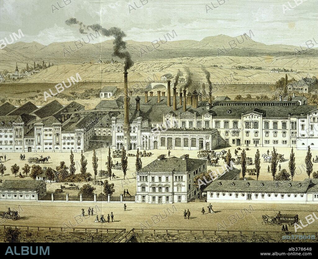 View of brewery Brauhaus Liesing near Vienna engraving, XIX century.