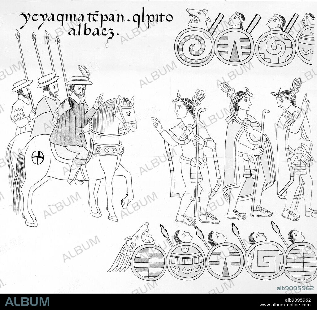 The Tlaxcalans returned home laden with booty.. Lienzo de Tlaxcala. Mexican illustrated document compiled between 1550 and 1564by Tlaxcalan artists, representing the conquest fromthe tlaxcalan point of view. Copy reporduced in 'Antiguedades Mexicanas' published by the Junta Columbina de Mexico 1892.