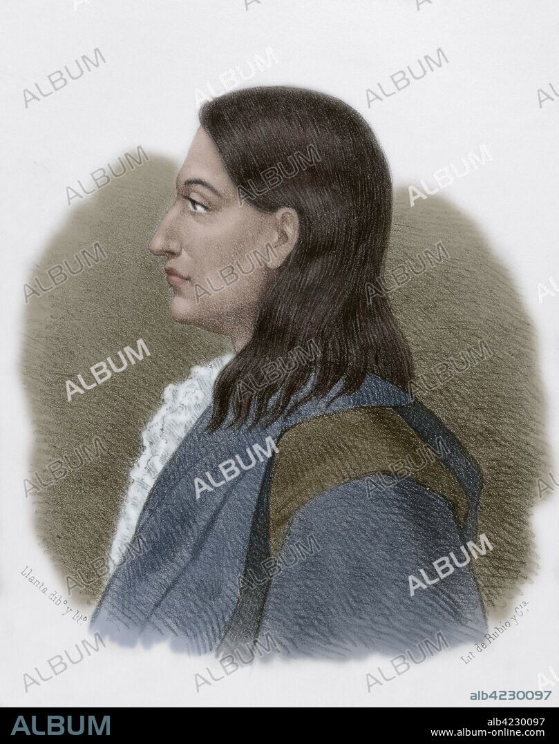 Claudio Coello (1642-1693). Pintor español de estilo barroco. En 1683 fué nombrado pintor del rey Carlos II. Dibujo por Llanta. Retrato. Litografía. Coloreada. Crónica General de España, Historia Ilustrada y Descriptiva de sus Provincias. Andalucía, 1869.