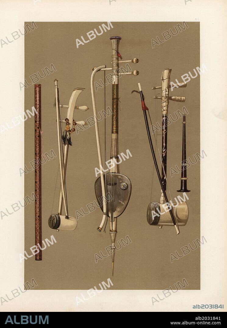 Instruments from Thailand and China: Saw tai (Siamese fiddle) in carved ivory and enamelled gold (centre), two Chinese fiddles Saw duang and Saw oo surrounding it, Thai klui (flute) with a membrane over one hole (left) and Thai pee (oboe) considered to be of Javanese origin (right). Chromolithograph from an illustration by William Gibb from A.J. Hipkins' "Musical Instruments, Historic, Rare and Unique," Adam and Charles Black, Edinburgh, 1888. Alfred James Hipkins (1826-1903) was an English musicologist who specialized in the history of the pianoforte and other instruments. William Gibb was a master illustrator and chromolithographer and illustrated "The Royal House of Stuart" (1890), "Naval and Military Trophies" (1896), and others.