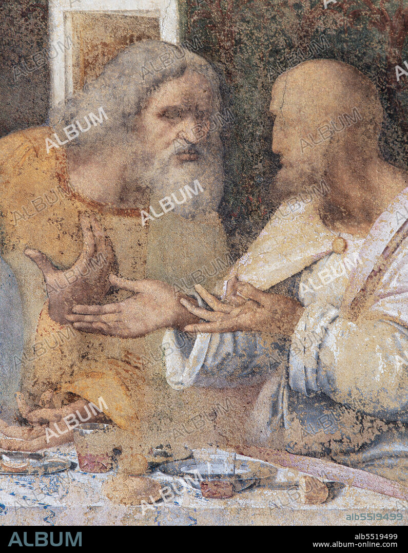 Basilica of Santa Maria delle Grazie, Cenacolo Vinciano: "The Last Supper", Leonardo da Vinci, fresco, 1495-1497. Detail of the right side with Judas the Apostle and Simon.