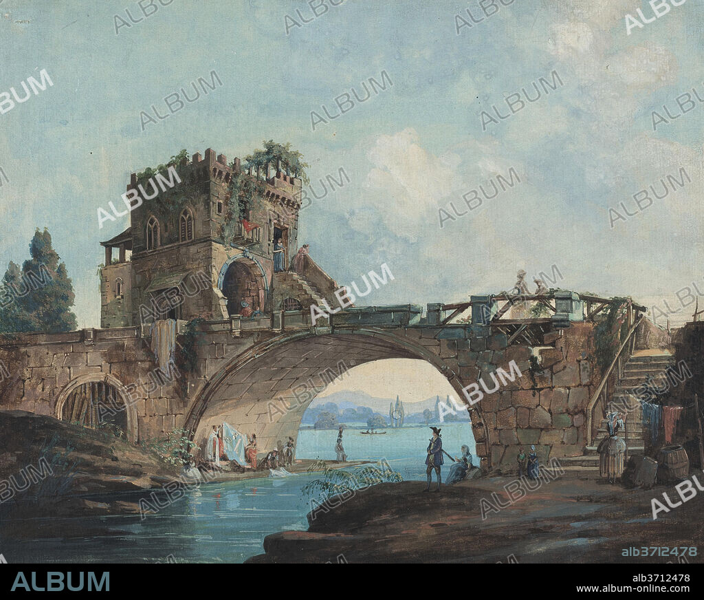 FRENCH 18TH CENTURY AFTER HUBERT ROBERT. The Ponte Salario with Laundresses. Dated: c. 1780. Dimensions: overall: 23.5 x 29.3 cm (9 1/4 x 11 9/16 in.). Medium: gouache on laid paper mounted on cardboard.