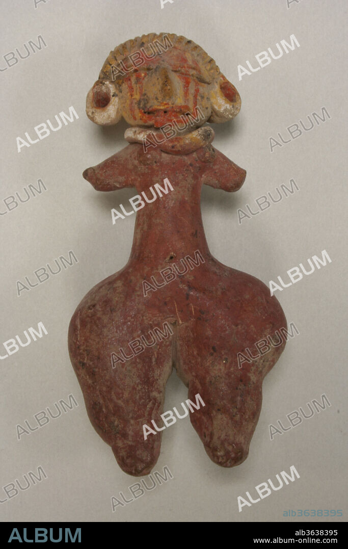 Female Figure. Culture: Tlatilco. Dimensions: H. 3 13/16 in. (9.7 cm). Date: 10th century B.C..
This solid, hand-modeled ceramic figurine is buff in color with traces of red and white face paint. The breasts are depicted as small pellets and a naval is only slightly indicated. The wide hips, bulbous thighs, and large buttocks terminate in rudimentary appendages, as do the short, splayed arms. Incisions on the back of the head indicate a female coiffure, with a single braid extending down the back. Large earplugs and a thick coil necklace are the figure's only adornments. 
Sculpted some three millennia ago in the Valley of Mexico, this figurine belongs to a group of ceramic effigies known collectively as the Tlatilco "pretty ladies." Depicting females with large heads, small waists, and prominent hips, these handheld sculptures present a fairly standardized body type and are typically fired to red, buff, or brown tones. As the popular embodiments of an ideal feminine form, the Tlatilco "pretty ladies" are part of a centuries-long tradition in which eccentricities and religious imagery predominate. Featuring hunchbacks, dwarfs, contorted acrobats, two-headed women, and conjoined twins, the corpus of Tlatilco figurines encompasses the full gamut of human representation.
For generations, Tlatilco was a small farming community located on the fringes of modern-day Mexico City. By the early twentieth century, however, the fields of clay surrounding Tlatilco had become important sites of brick production utilized in the construction and rapid expansion of the nearby Federal District. In 1936, brick workers began unearthing troves of ceramic figurines--later termed "pretty ladies"--that closely resembled others recently discovered by the archaeologist George C. Vaillant (1930). Using what little contextual information he had available to him, Vaillant accurately attributed these works to the Early to Middle Preclassic-period Zacatenco culture (ca. 1500-600 B.C.)--an umbrella term which also included the people of Tlatilco.
Beginning in the 1940s, archaeologists began to study the site of Tlatilco in earnest. Led by the renowned artist, ethnologist, and art historian Miguel Covarrubias, federally funded excavations helped to expose hundreds of ancient burials containing not only "pretty lady" figurines but also rich collections of polychrome pottery, carved jade, and stone tools. The enormous number of durable, finely made objects enabled Covarrubias to establish a more comprehensive typology of Tlatilco works than was previously possible. Through his comparisons of the local ceramic tradition with that of the contemporary Olmec culture, Covarrubias (1957) was able to document a large-scale incursion of Gulf Coast peoples into the area of Tlatilco sometime during the Late Preclassic period (ca. 600 B.C.). As a result, scholars now recognize the Tlatilco people as central players in the interregional, multi-ethnic cultural exchange that came to characterize Central Mexican Highland cultural interactions for the next several centuries.