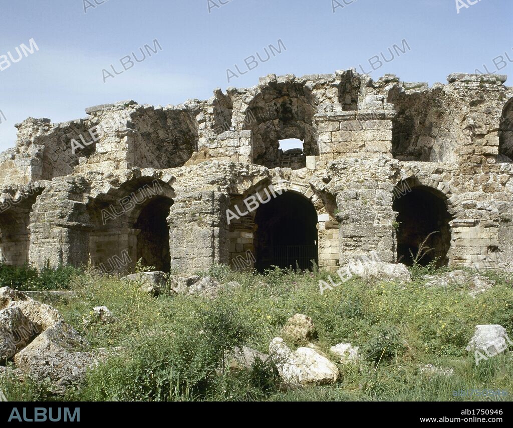 Turkey. Anatolia. Side. Ruins of the Roman Theatre, 2nd century AD. Architectural detail of the stands from outside the building.