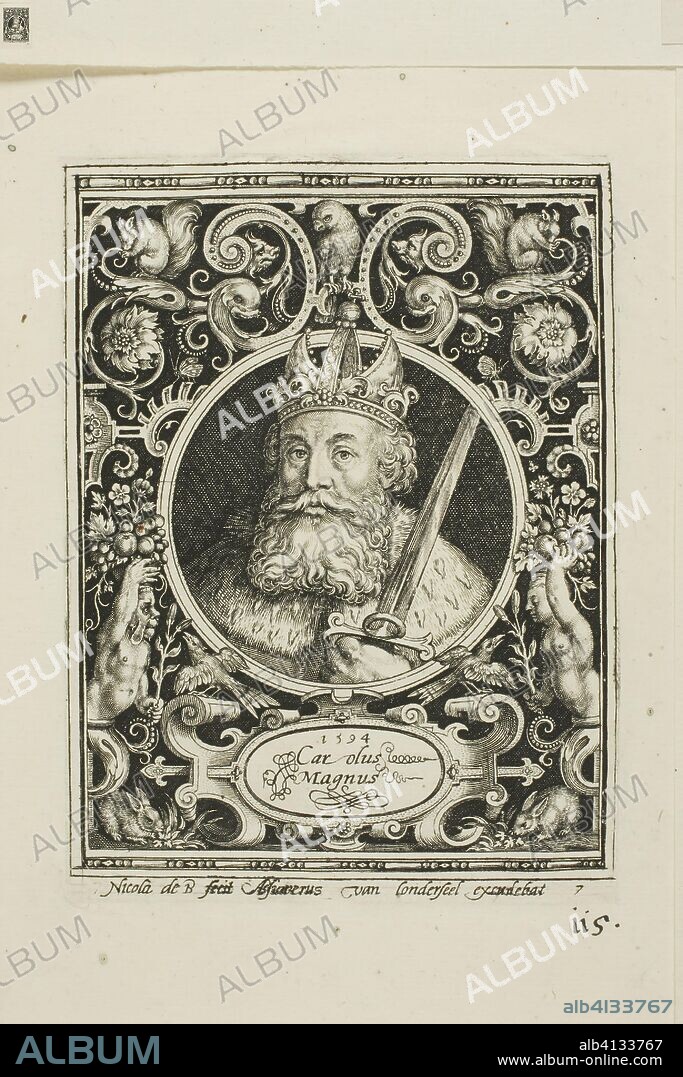 Charlemagne, plate seven from The Nine Worthies. Nicolaes de Bruyn (Flemish, 1571-1656); published by Assuerus van Londerseel (Flemish, 1572-1635). Date: 1594. Dimensions: 118.5 × 91 mm (image); 123 × 92 mm (plate); 180 × 149 mm (sheet). Engraving in black on cream laid paper. Origin: Flanders.