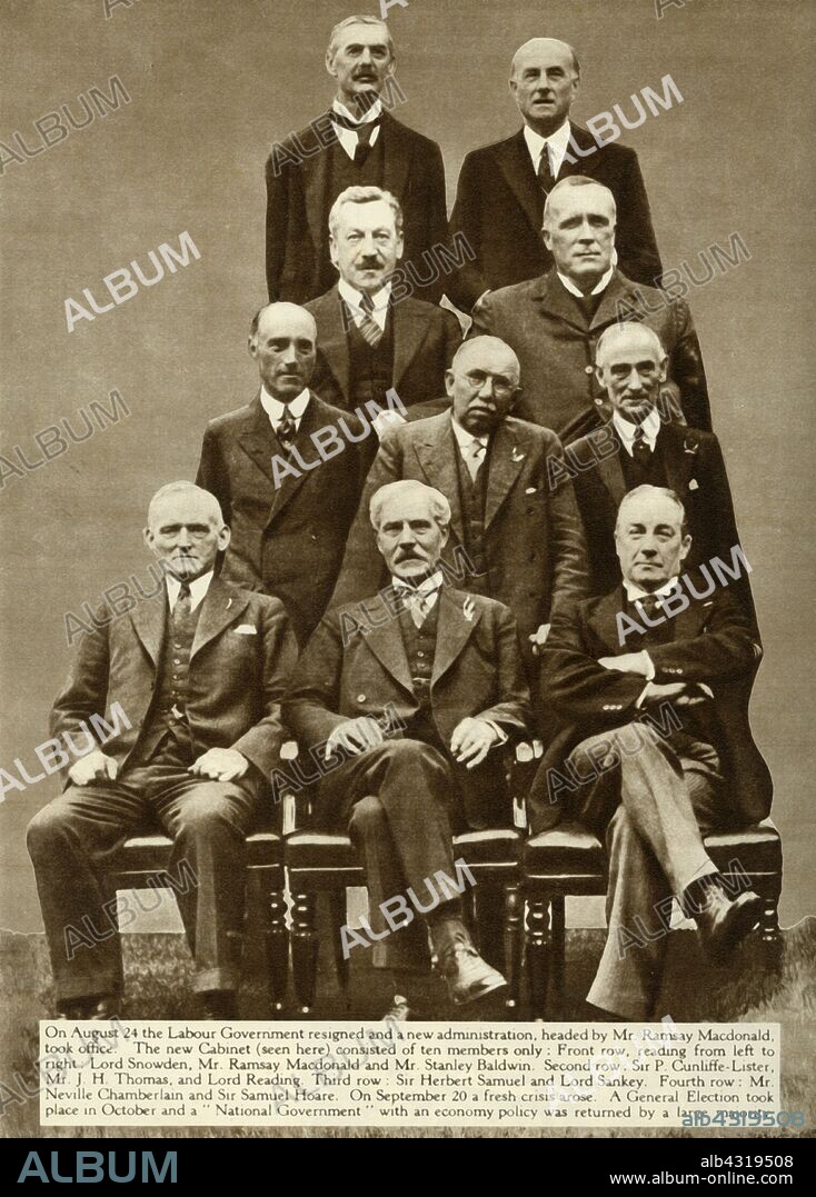 The cabinet of Ramsay MacDonald, 1931, (1935). British politicians in the newly formed National Government which contained members of the Conservative Party, Liberals, Liberal Nationals and National Labour, as well as individuals who belonged to no political party. Top row: Neville Chamberlain, Sir Samuel Hoare; second row: Sir Herbert Samuel and John Sankey; third row: Sir Philip Cunliffe-Lister, JH Thomas, and John Simon; bottom row: Philip Snowden, Ramsay MacDonald, and Stanley Baldwin. From "The Silver Jubilee Book - The Story of 25 Eventful Years in Pictures". [Odhams Press Ltd., London, 1935].