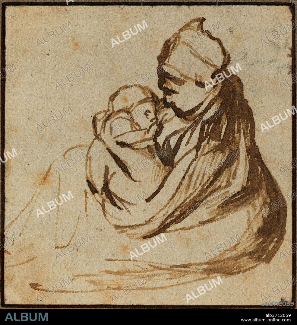 AFTER REMBRANDT VAN RIJN. Mother and Child. Dimensions: Overall: 8.5 x 8.2 cm (3 3/8 x 3 1/4 in.)  support: 16.7 x 16.1 cm (6 9/16 x 6 5/16 in.). Medium: reed pen and brown ink.