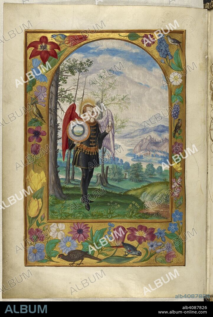 SALOMON TRISMOSIN. Illustration of the Fifth Parable: a winged figure with male and female faces holding a golden egg and shield; borders decorated with birds and flowers. Splendor Solis. Germany, 1582. (Whole folio) Illustration of the Fifth Parable: a winged figure with male and female faces holding a golden egg and shield; borders decorated with birds and flowers.  Image taken from Splendor Solis.  Originally published/produced in Germany, 1582. . Source: Harley 3469, f.19v. Language: German.