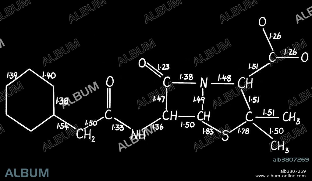 Chemical structure diagram on degradation showing bonds. From the papers of Sir Ernst Boris Chain (1906-1979), German-born British biochemist and a 1945 co-recipient of the Nobel Prize for Physiology or Medicine for his work on penicillin. In 1939, he joined Howard Florey to investigate natural antibacterial agents produced by microorganisms. This led him and Florey to revisit the work of Alexander Fleming, who had described penicillin nine years earlier. Chain and Florey went on to discover penicillin's therapeutic action and its chemical composition. He also theorized the structure of penicillin, which was confirmed by X-ray crystallography done by Dorothy Hodgkin. For this research, Chain, Florey, and Fleming received the Nobel Prize in 1945.