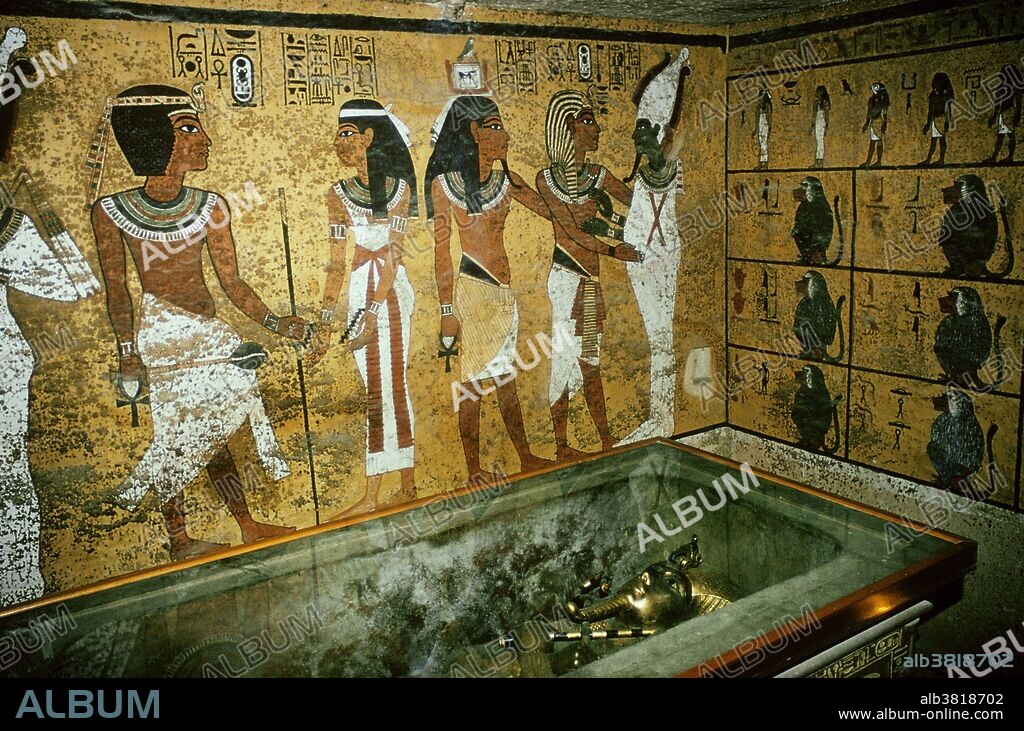 Wall paintings and the sarcophagus of King Tutankhamun (1341 BCE to 1323 BCE) in his tomb in the Valley of the Kings, near Luxor, Egypt.