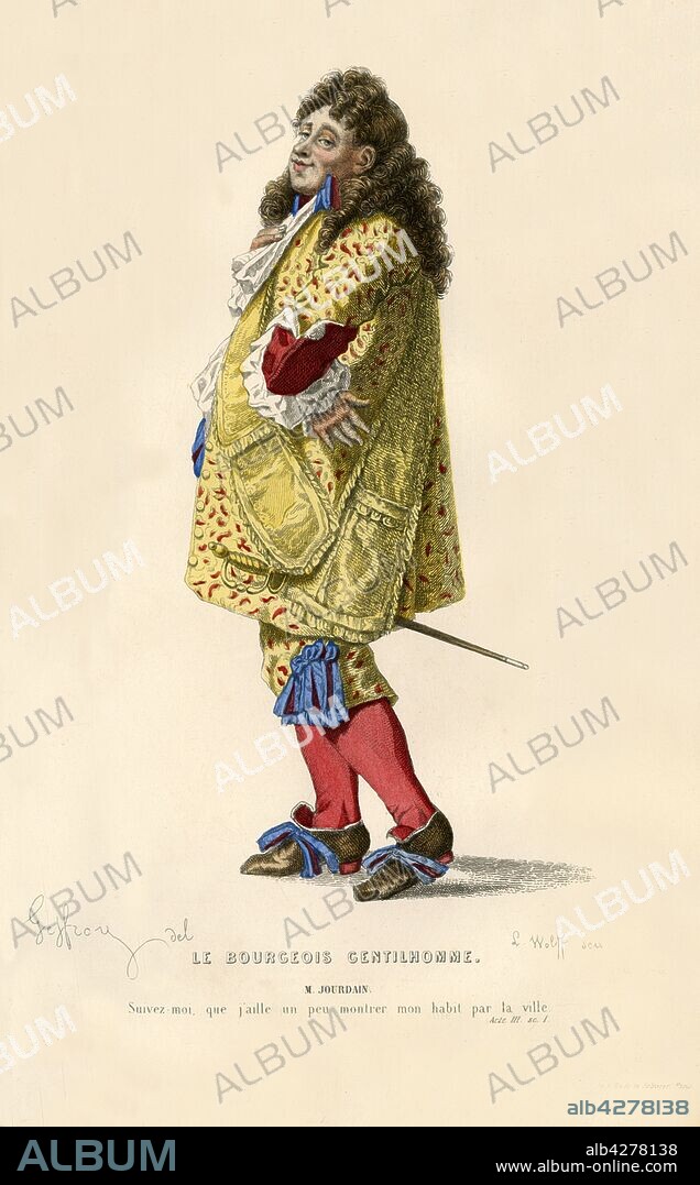 L WOLFF. Monsieur Jourdain, 1868. The character of Monsieur Jourdain in "Le Bourgeois Gentilhomme" (The Bourgeois Gentleman), a 'comédie-ballet' by Jean Baptiste de Molière, first staged in 1670. From "Oeuvres Complètes De Molière", (Complete Works of Molière), with an introduction by Jules Janin. [F. de P. Mellado, Paris, 1868].