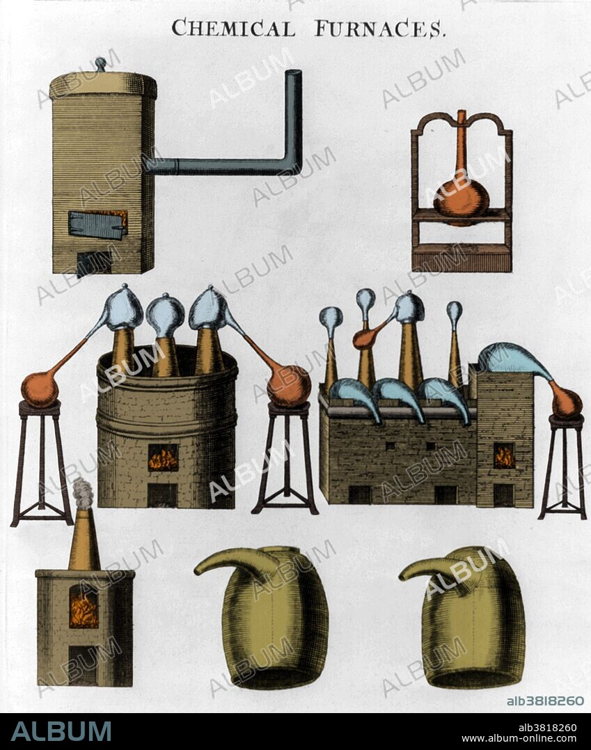 Entitled: "Chemical furnaces." Shows a variety of different types of chemical furnaces, such as an athanor, digesting furnace, balneum marae, sand-furnace, melting-furnace, elliptic furnace, and arabolic furnace. Illustration appeared in Elementa chemiae by Herman Boerhaave, 1727. Herman Boerhaave (December 31, 1668 - September 23, 1738) was a Dutch botanist, humanist and physician of European fame. He is regarded as the founder of clinical teaching and of the modern academic hospital. His 1724 textbook Elementa chemiae (Elements of Chemistry) was an outgrowth of his lectures at the University of Leyden, in which he outlined influential theories on heat, fire, and expansion of bodies. The publication of his textbook is said to mark the start of the modern concept of chemistry. He is considered one of the pioneers in physical chemistry, for introducing quantitative methods into the measure of temperature and mass and for carrying out some of the first calorimetric research. In 1741 an English translation of Boerhaave's celebrated textbook Elements of Chemistry was published under the title A New Method of Chemistry.