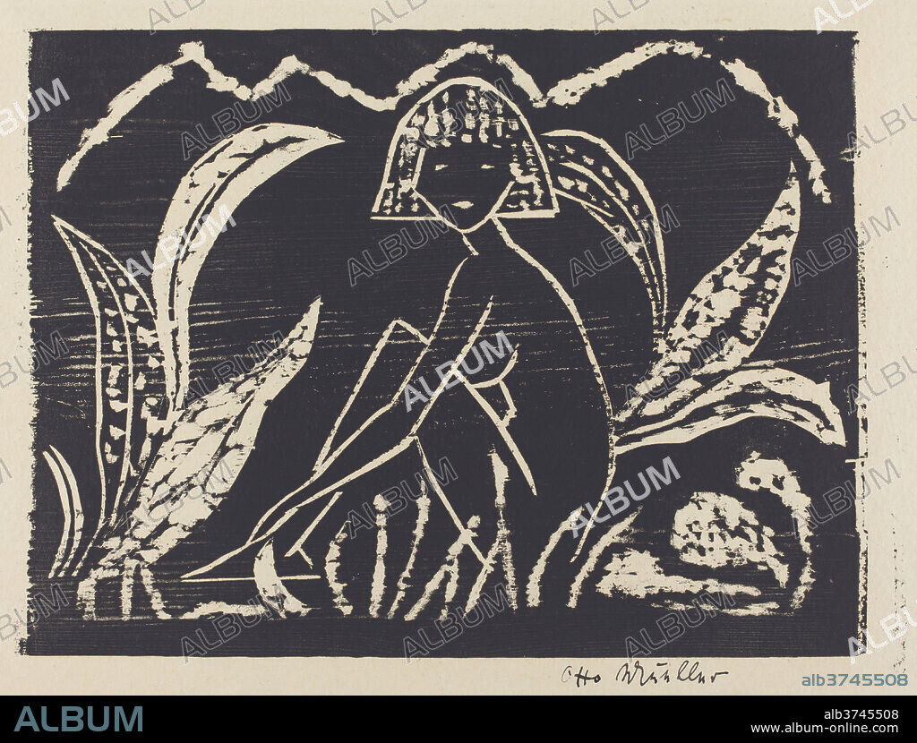 OTTO MüLLER. Nude Figure of a Girl in a Landscape (Madchenzwischen  Blattpflanzen). Dated: 1912. Medium: woodcut. - Album alb3745508