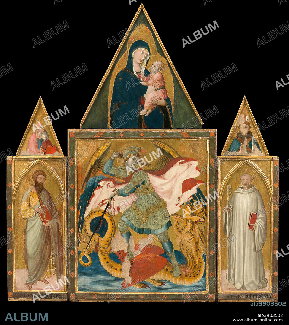 AMBROGIO LORENZETTI. Rofeno Abbey Poliptych. Saint Michael the Archangel slaying the Dragon between Saints Bartholomew and Benedict; Madonna with Child, Saint John the Evangelist and Saint Ludwig of Tolouse (in the cusps);. Date/Period: 1330 - 1335. Tempera on Panel. Height: 258 mm (10.15 in); Width: 230 mm (9.05 in).