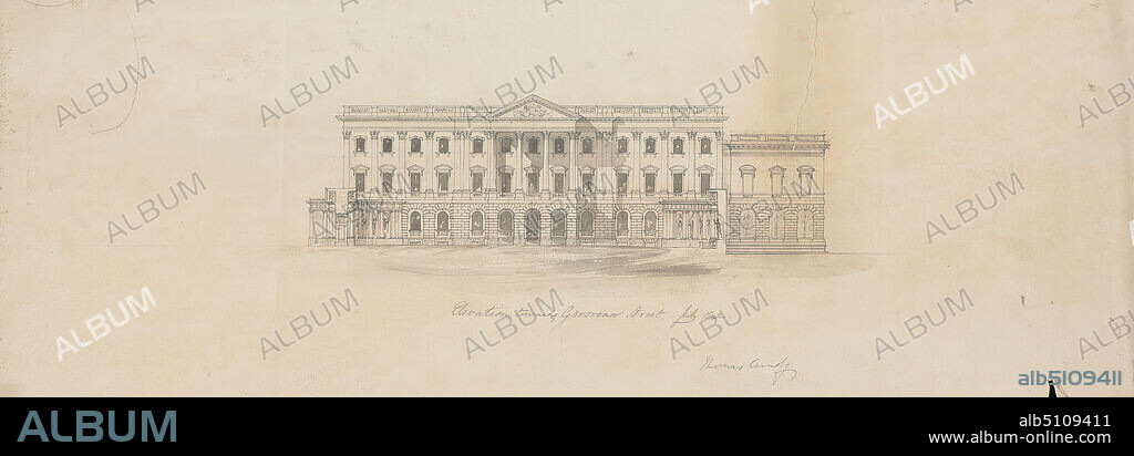 Design for Grosvenor House, London: Elevation towards Grosvenor Street, Thomas Cundy, 17901867, British, 1842, Graphite, pen and black ink and wash on moderately textured, moderately thick, cream wove paper, Sheet: 8 5/16 × 22 7/8 inches (21.1 × 58.1 cm), architectural subject, design, house, England, Europe, London, United Kingdom.