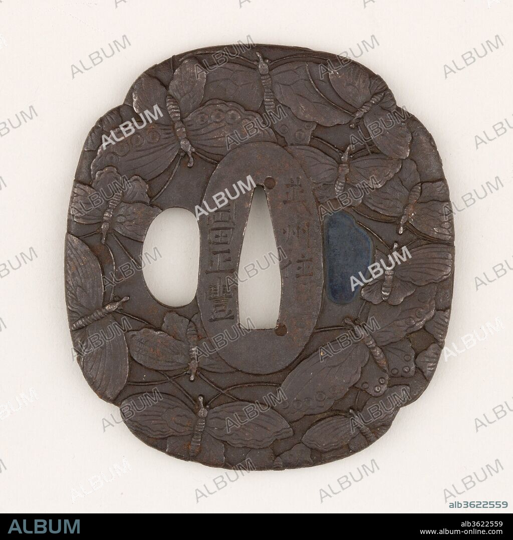 Sword Guard (Tsuba). Culture: Japanese. Dimensions: H. 2 3/4 in. (7 cm); W. 2 9/16 in. (6.5 cm); thickness 3/16 in. (0.5 cm); Wt. 3.9 oz. (110.6 g). Date: ca. 1615-1868.