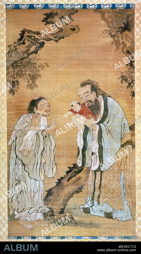 Sakgamuni, Confucius and Lao Tzu, Chinese painting on silk; 18th century.