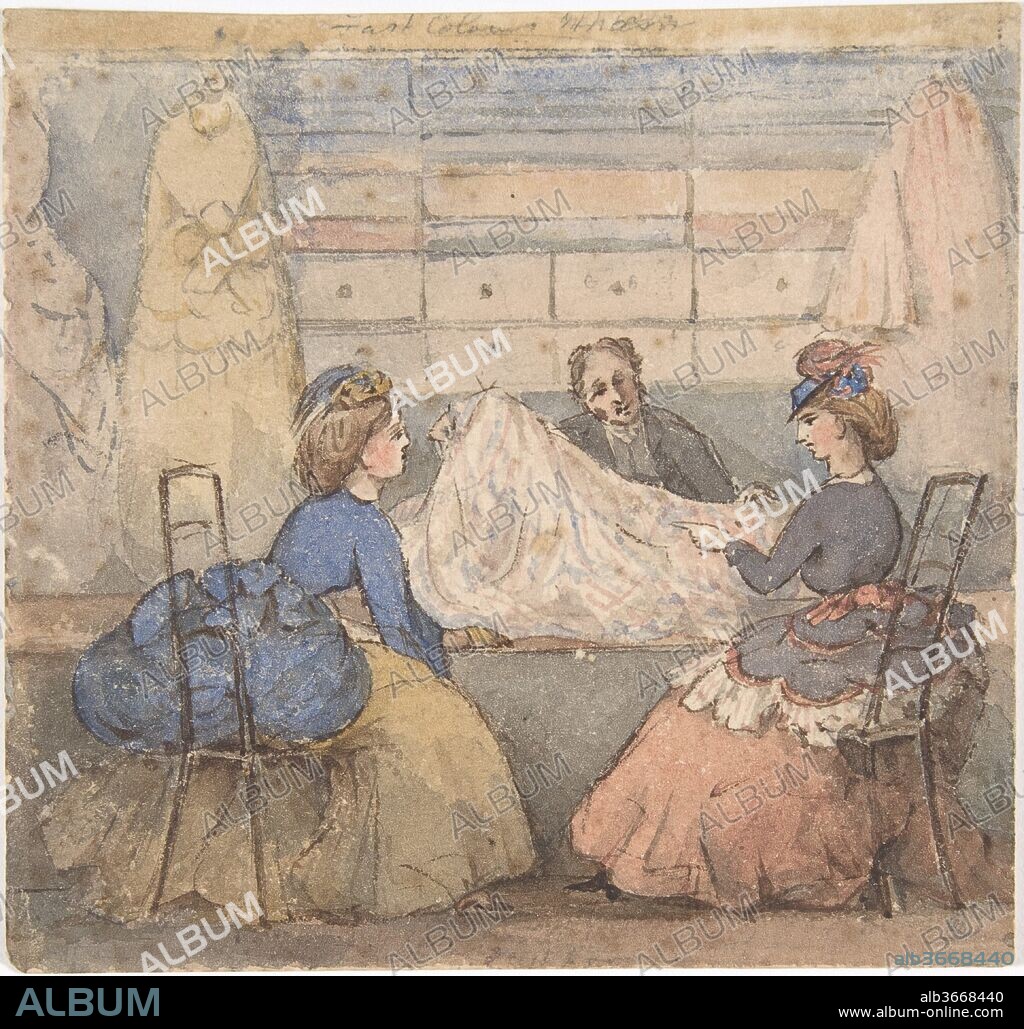 Two Women Looking at Fabric in a Shop. Artist: Anonymous, British, 19th century. Dimensions: sheet: 5 1/4 x 5 1/2 in. (13.4 x 13.9 cm). Date: 19th century.